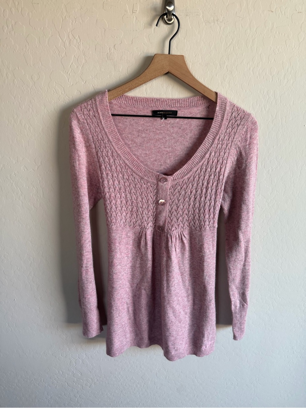 BCBG Y2K Women’s Pink Knit Scoop Neck Long-Sleeve Top M 90s Twlight Babydoll
